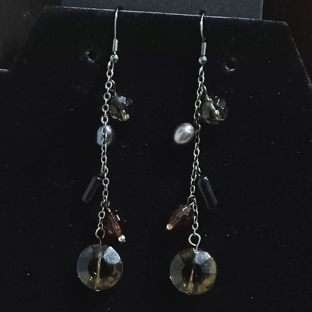Silver-Toned Dark Beaded Dangle Earrings